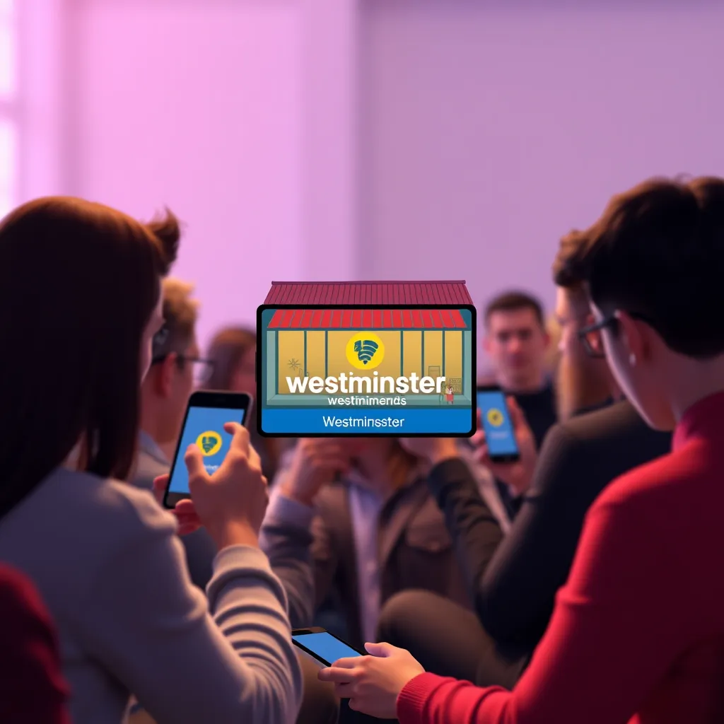 A group of people on their phones and laptops, watching a short animated video ad about a Westminster business. The video is engaging and informative, featuring the business's logo and website address.