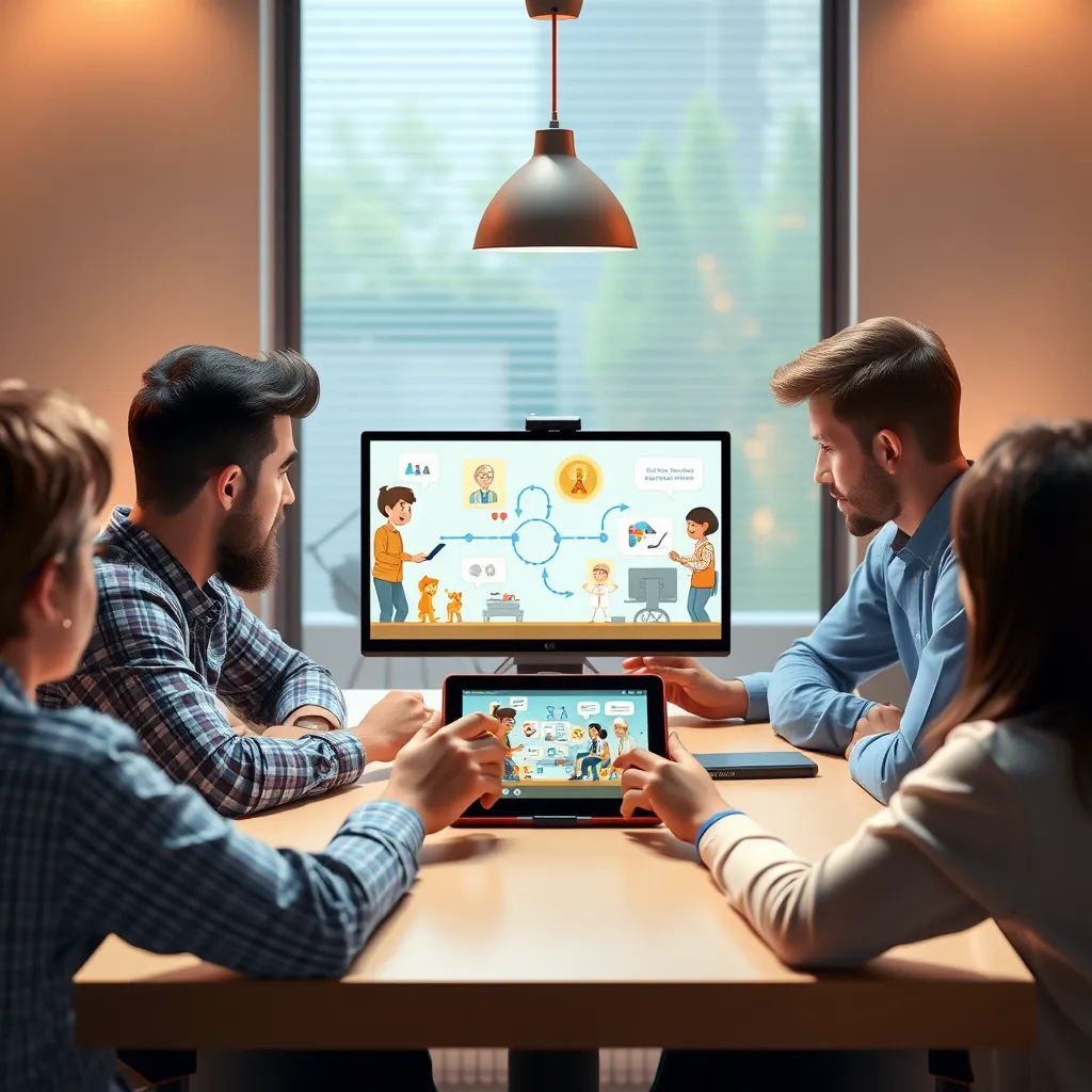 A group of people sitting around a table, watching an animated explainer video on a tablet. The animation depicts a complex process in a clear and simplified way, with engaging visuals and characters.