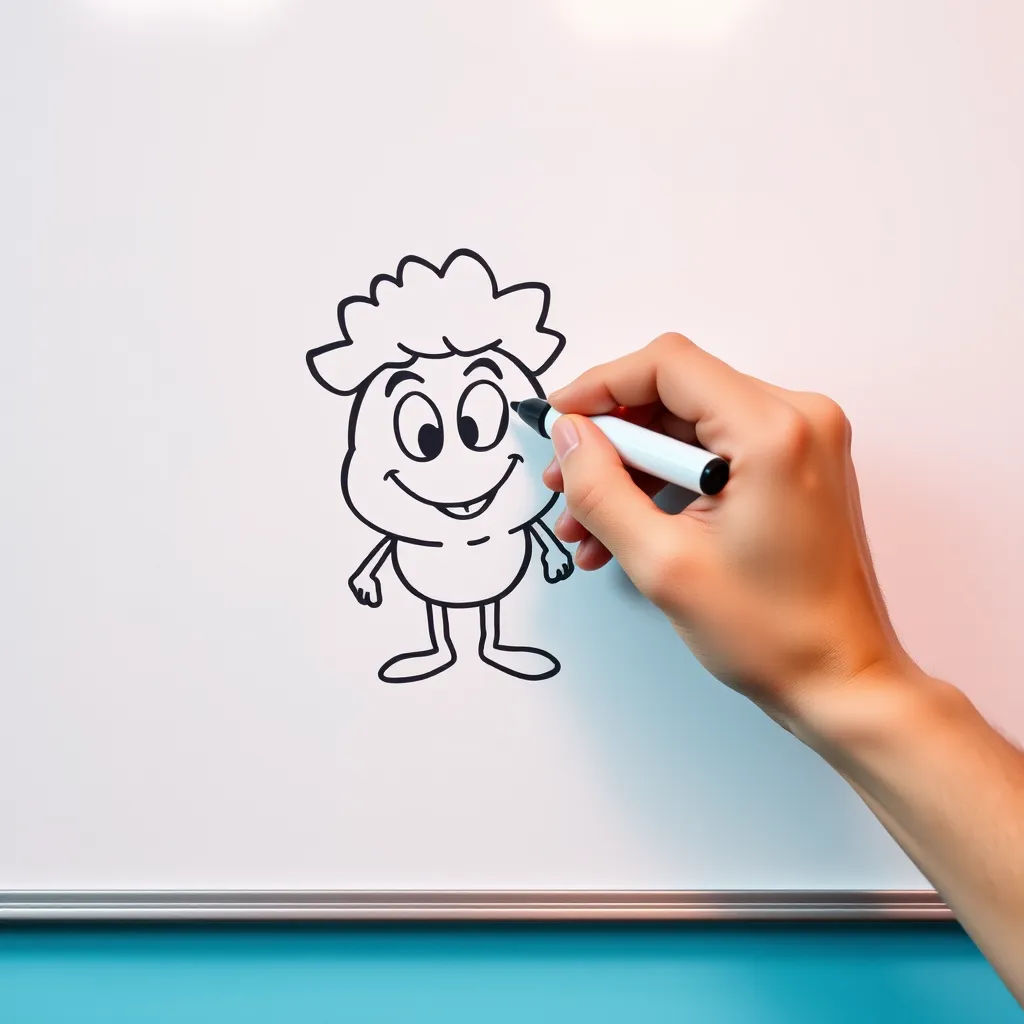 A hand holding a whiteboard marker, drawing a cartoon character on a whiteboard. The character is unique and creative, with a playful expression. The whiteboard is clean and has a bright, colorful background.