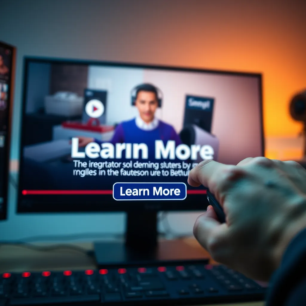 A hand hovering over a computer mouse, about to click on a button labeled 'Learn More.' In the background, a captivating explainer video plays, showcasing the product's features and benefits. The image should be dynamic and engaging, emphasizing the viewer's interaction with the video and the call-to-action.