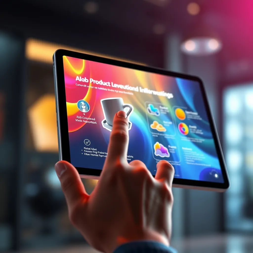 A hand interacting with a tablet showcasing a vibrant animated product demonstration, highlighting the benefits and features of the product in a visually appealing way.