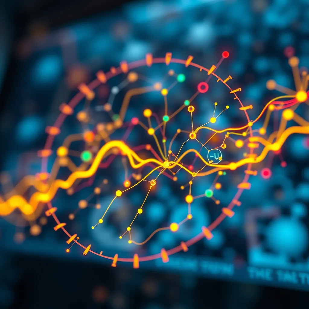 A high-resolution, hyperrealistic image of a complex scientific diagram being animated with vibrant colors and glowing lines. The background is a blurred abstract representation of the subject matter. The image is framed from a low angle, emphasizing the dynamic nature of the animation. The lighting is soft and diffused, highlighting the intricate details of the animation. The style is reminiscent of a science documentary with a modern twist.  The overall mood is informative and engaging. Render the image in 8K resolution with a focus on realistic textures and materials.