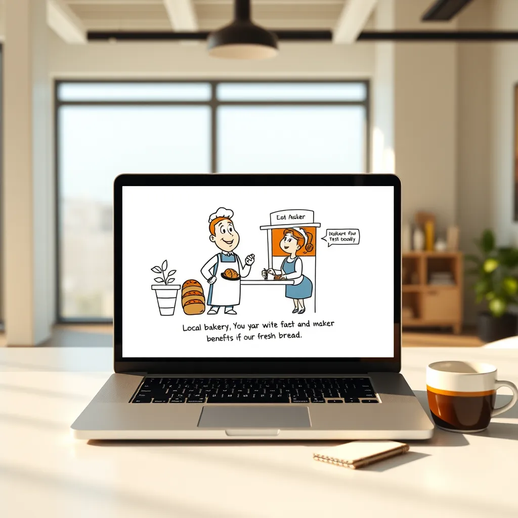 A high-resolution, photorealistic image of a whiteboard animation video playing on a laptop screen. The video features a colorful, cartoon-style illustration of a local bakery, with a friendly baker explaining the benefits of their fresh bread. The scene is set in a modern office, with soft natural light streaming through a large window. The laptop is placed on a clean, minimalist desk, with a cup of coffee and a notepad beside it. The image should evoke a sense of professionalism and creativity, with a warm, inviting atmosphere. Style reference: Pixar animation. Render in 8K resolution, hyperrealistic.