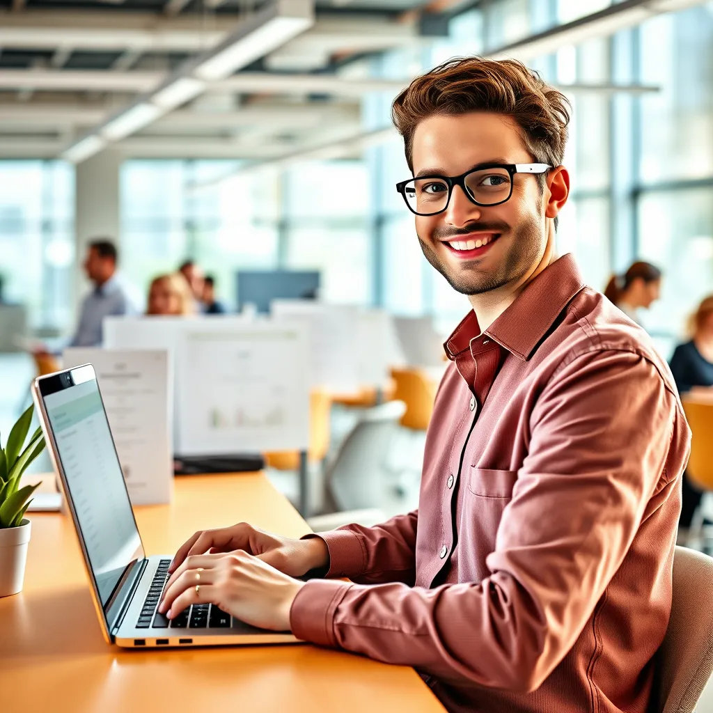 A high-resolution image depicting a vibrant, modern office environment. In the foreground, a professional payroll specialist is using a laptop with a user-friendly software interface for processing payroll. The screen displays a clear dashboard with employee information, paychecks, and deduction details. The specialist is wearing casual business attire and has a friendly, approachable demeanor. The background features a bustling office space with colleagues working collaboratively, showcasing a positive and dynamic work environment. The image should convey efficiency, transparency, and employee satisfaction. Utilize a warm color palette with natural lighting and capture the energy and productivity of a thriving business. Render this image in a photorealistic style with sharp details, emphasizing the modern interface of the software and the vibrant colors of the office space.