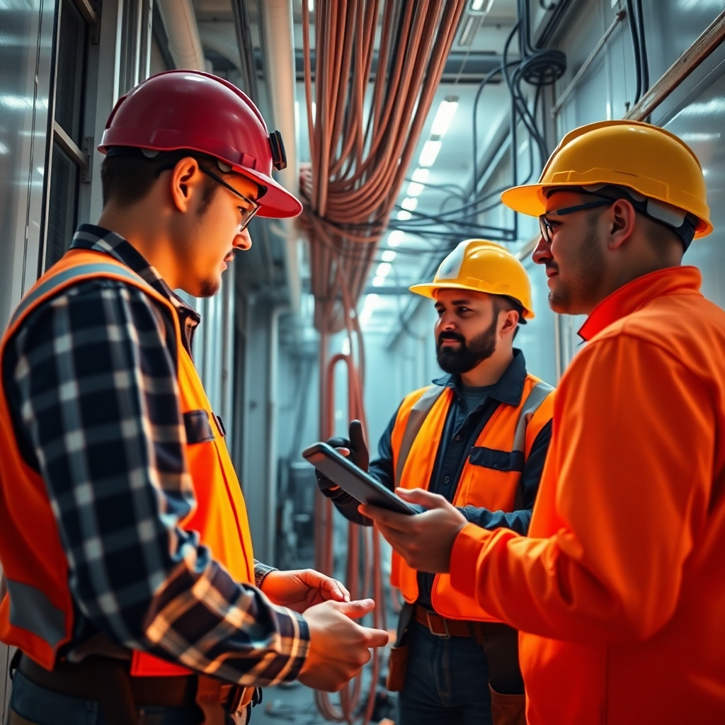 A high-resolution photorealistic image depicting a team of professional electricians working collaboratively and efficiently on the complex electrical system of a modern office building. The image should emphasize teamwork, professionalism, and modern technology.