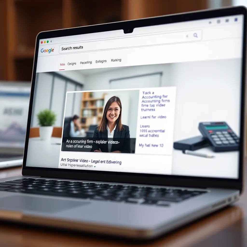 A laptop screen displaying a search engine results page (SERP) with a video thumbnail for an accounting firm's explainer video ranking high on the page. The video thumbnail features a professional accountant smiling and inviting viewers to learn more. The background includes a professional office setting with accounting documents and a calculator.