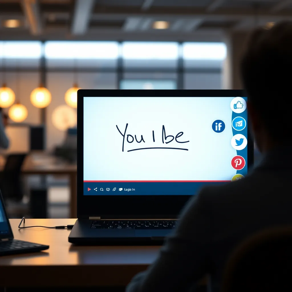 A laptop screen showing a whiteboard animation playing on YouTube, with multiple social media icons glowing brightly in the background. The scene is set in a modern office with a person sitting at the desk.