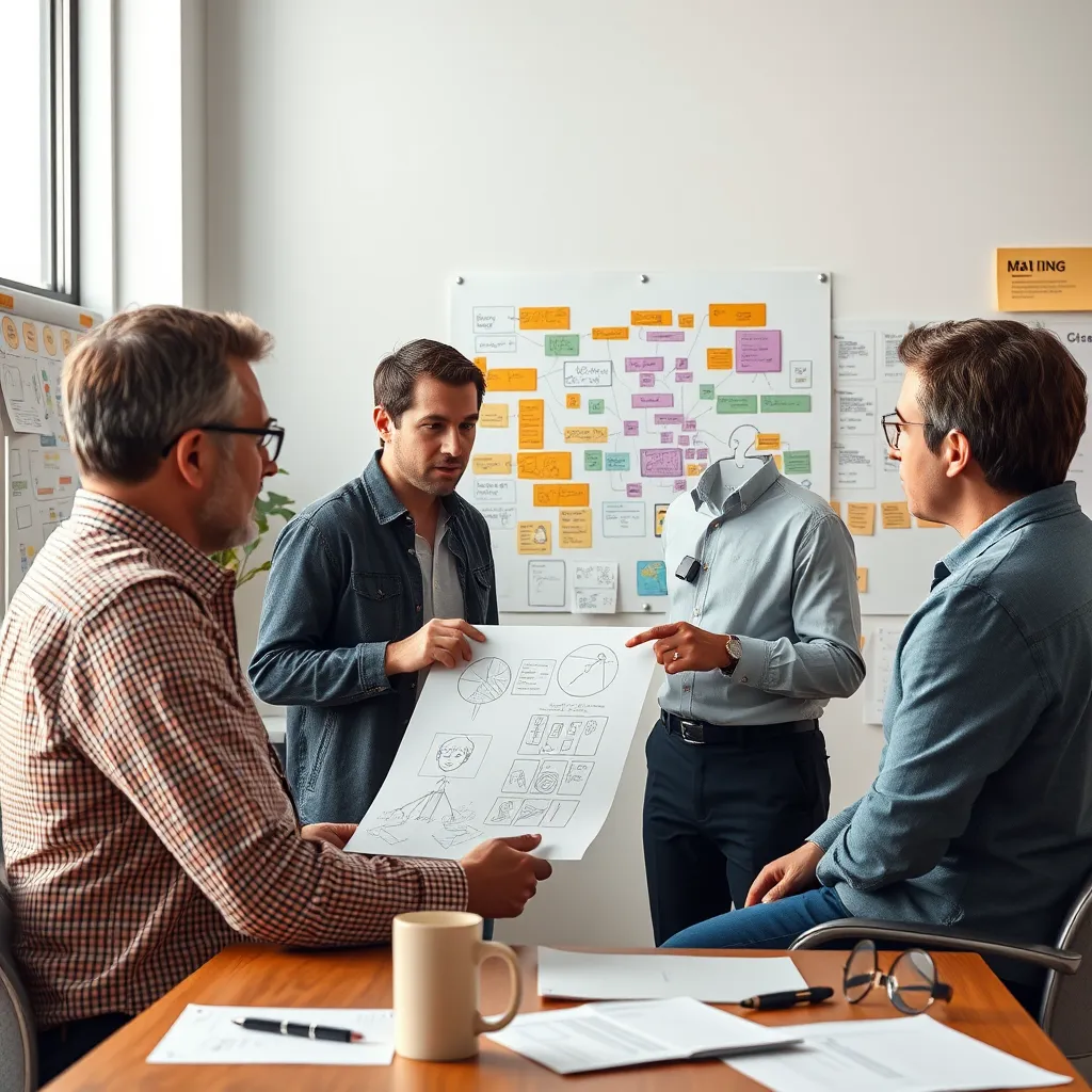 A meeting scene where a creative consultant is discussing ideas with a client, surrounded by storyboards and notes. The clients look engaged, pointing at sketches while a colorful brainstorming poster is visible in the background.