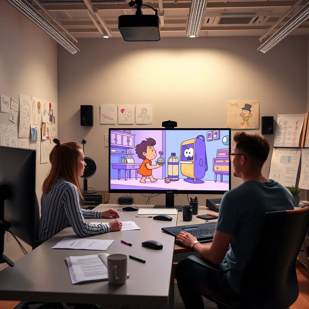 A modern, sleek animation studio in Croydon, with a team of animators working on a project on large monitors, surrounded by colourful sketches and storyboards. The animation on the monitor features a quirky character interacting with a product.