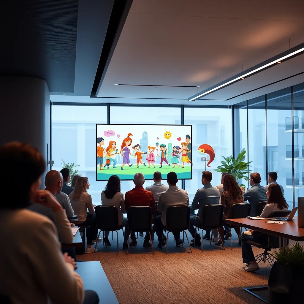 A modern, sleek office setting in Westminster with a group of people gathered around a screen, watching an animated video. The animation should be bright and colorful, featuring stylized characters and dynamic visuals. The scene should convey a sense of excitement and engagement.