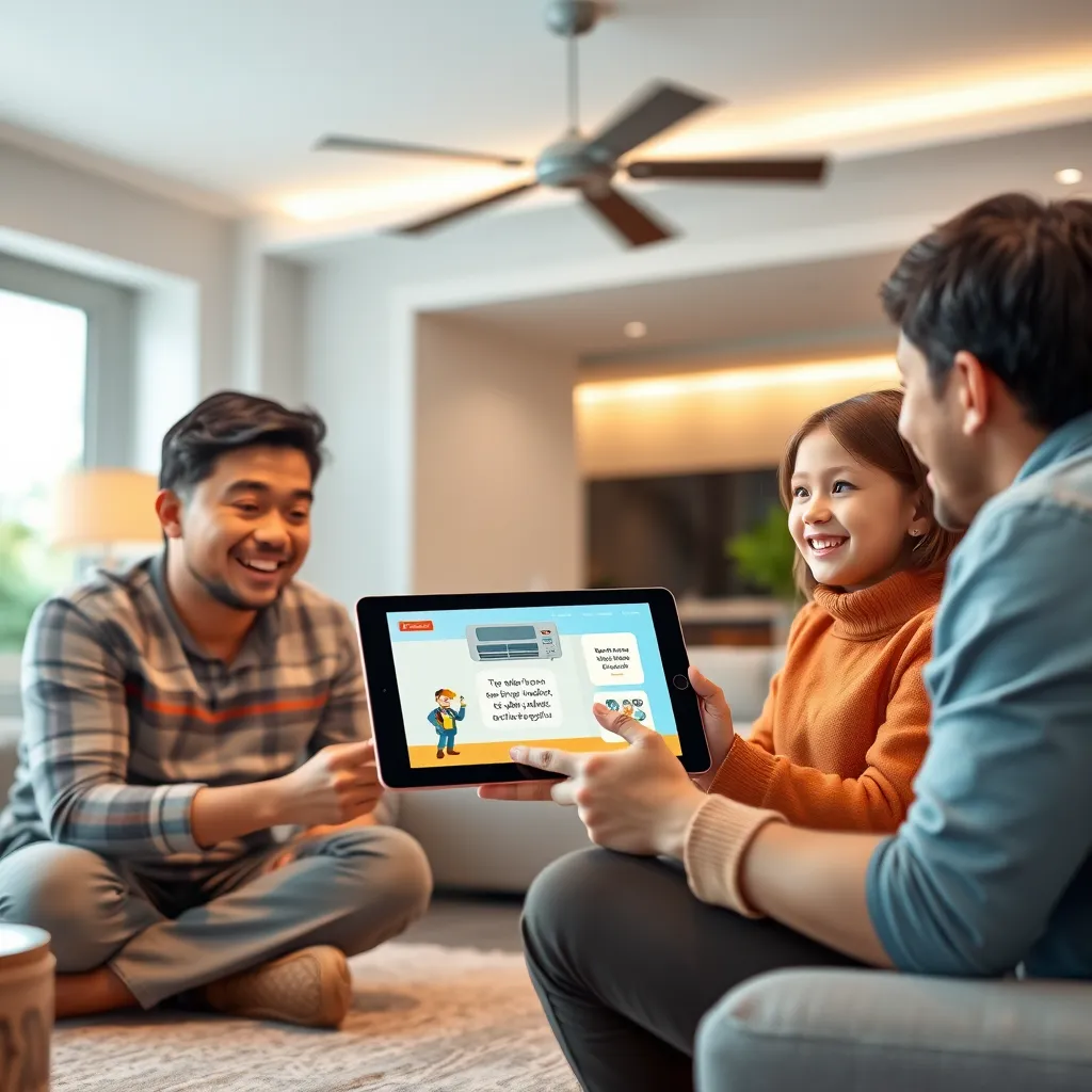 A modern living room with a family watching a short animated video on their tablet about AC installation. The animation shows a cartoon AC unit being installed and the benefits it brings. The family looks happy and impressed by the video.