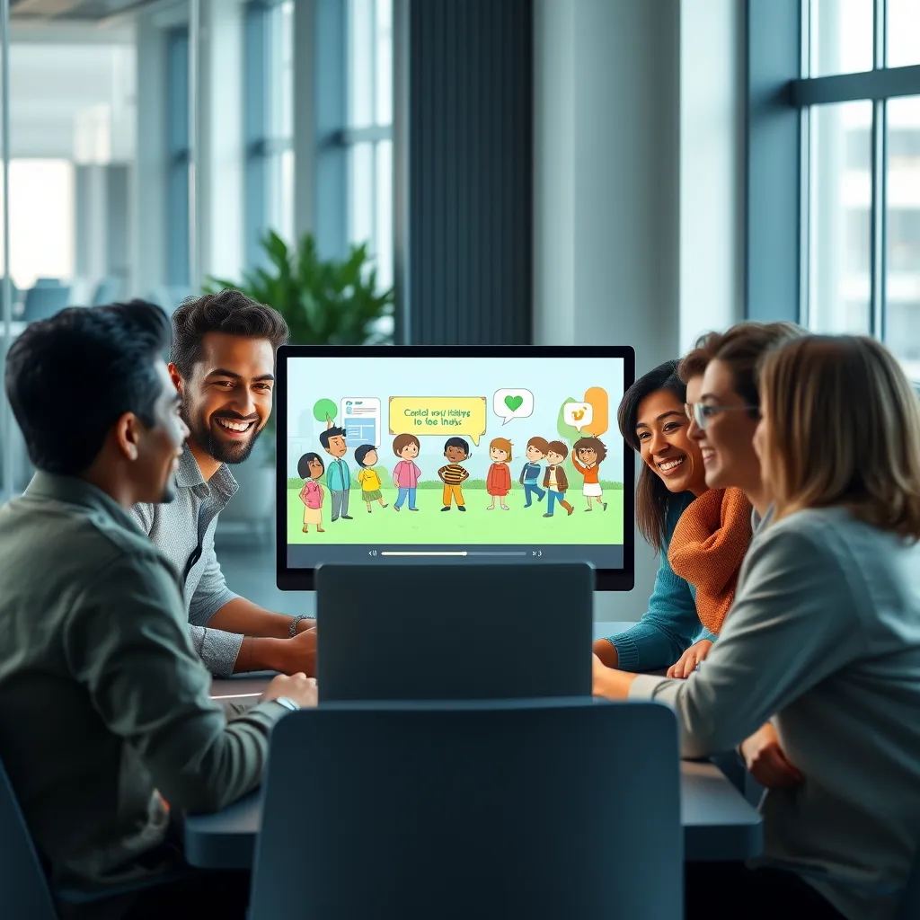 A modern office setting with a group of diverse people gathered around a laptop, watching an animated explainer video. The screen shows a colorful and engaging animation with characters and simple visuals. The people are smiling and looking engrossed in the video.