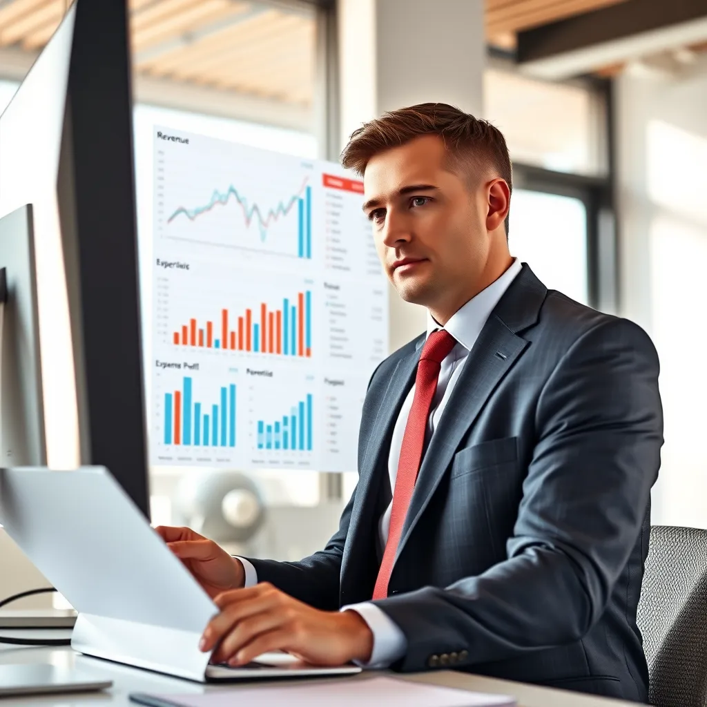 A modern office with a professional accountant reviewing financial reports on a computer screen. The reports display graphs and charts showing revenue, expenses, and profit. The room is well-lit with natural light and a clean, minimalist aesthetic. The accountant is wearing a suit and tie, exuding confidence and expertise.