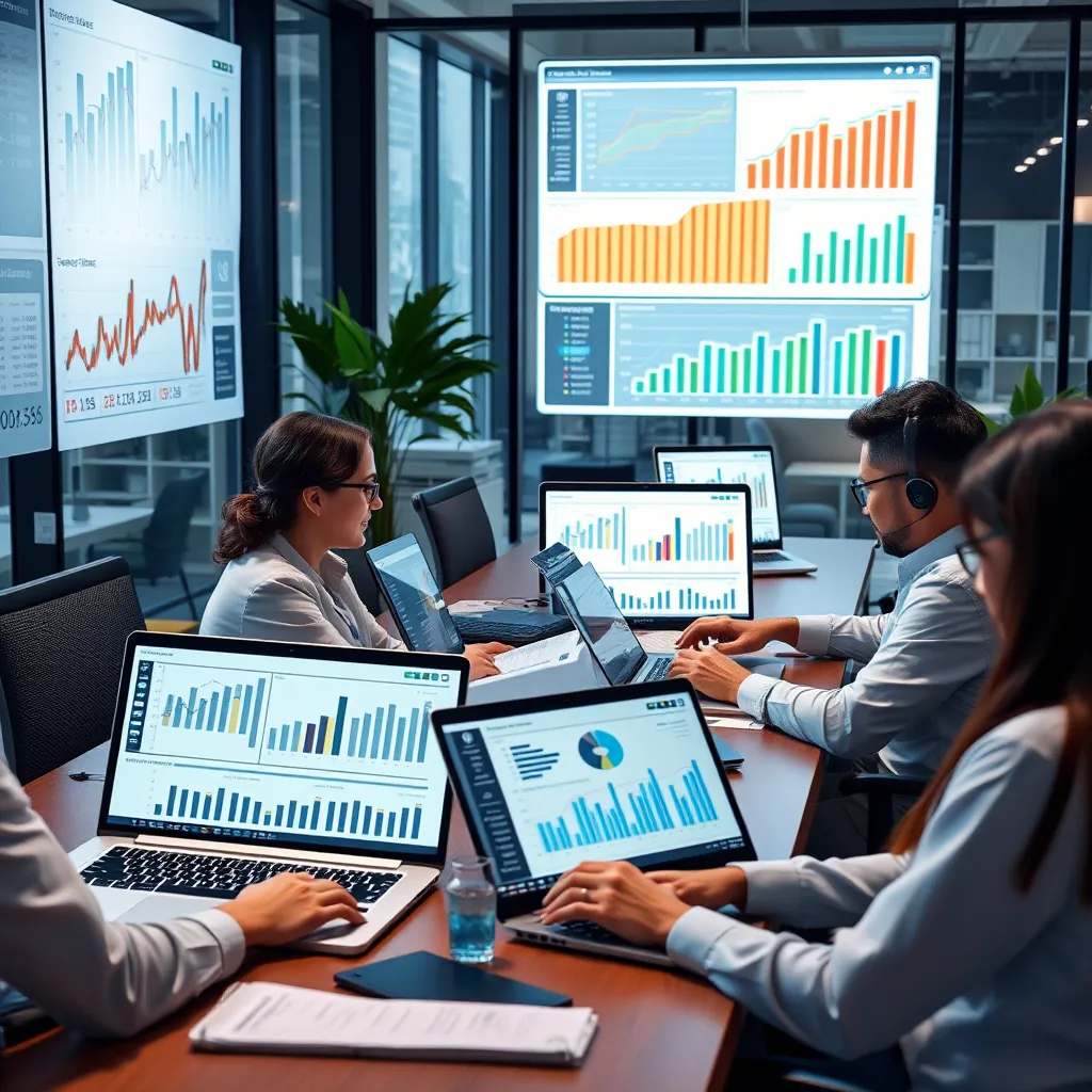 A modern office with a team of professionals working on laptops, analyzing financial data on screens. Charts and graphs are displayed, showcasing organized financial information. The atmosphere is professional and efficient, emphasizing the value of accurate bookkeeping.