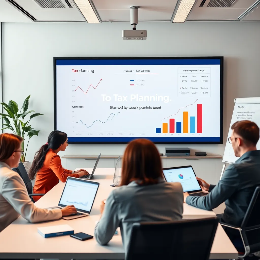 A modern office with a team of accountants working on laptops, a whiteboard with financial charts, and a large screen displaying an engaging explainer video about tax planning. The video should be vibrant and visually appealing, with a friendly and professional tone.