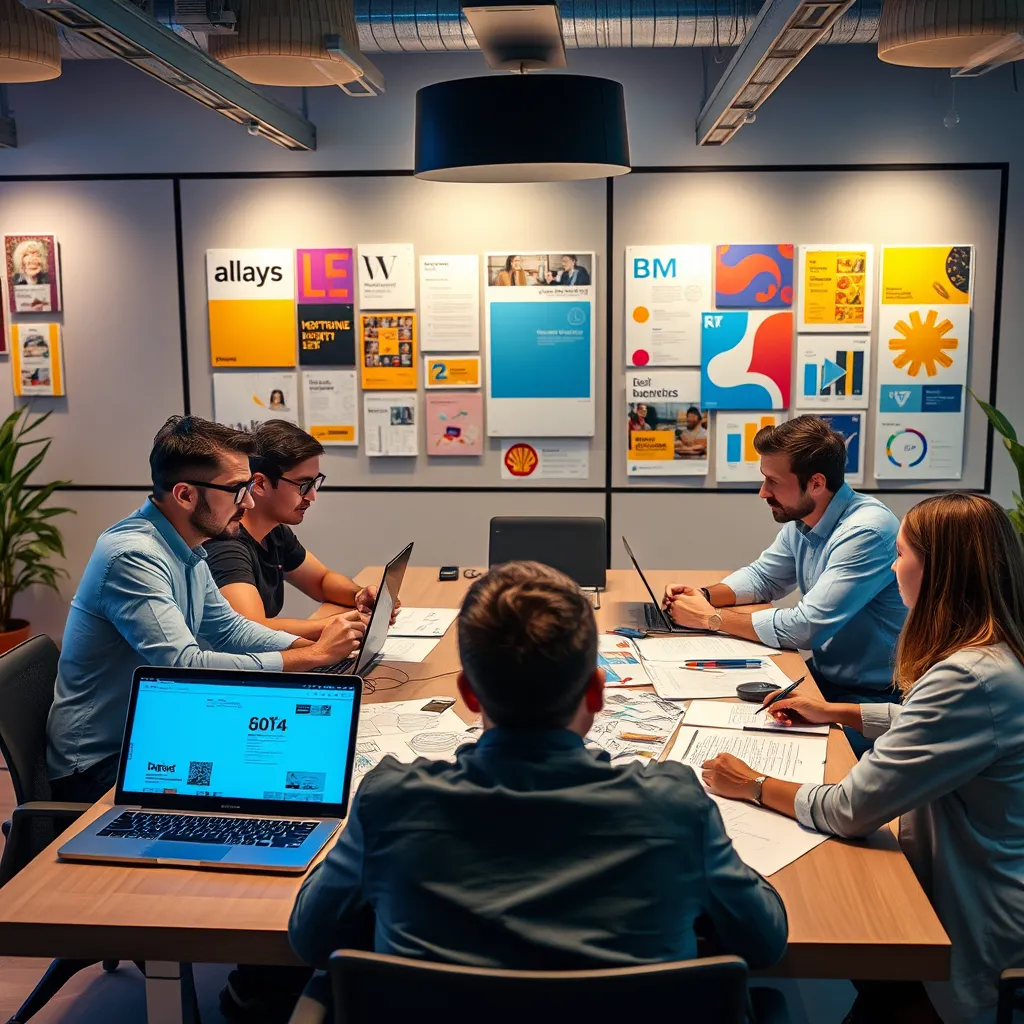 A modern workspace showcasing a creative team brainstorming around a table with laptops, sketches, and storyboards in front of them, brainstorming ideas for a video scribe. In the background, vibrant printed brand materials displayed prominently to highlight strong brand identity.