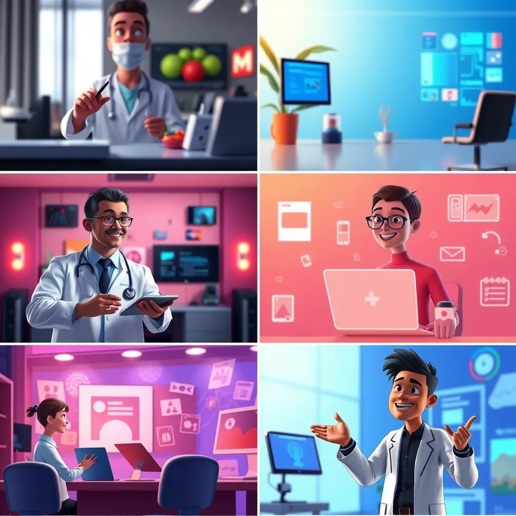 A montage of various explainer videos showcasing different industries. The video scenes include a doctor explaining a medical procedure, a tech company illustrating a new software, a business presenting a new product, and a social media influencer explaining a trend. Each scene features vibrant visuals and captivating animation.