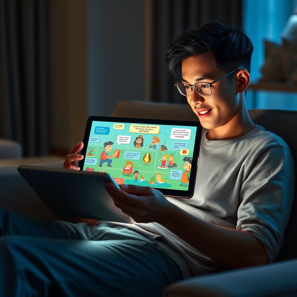 A person sitting on a couch, engrossed in watching an animated explainer on a tablet. The animation is full of colorful characters and dynamic visuals, illustrating a process or concept. The person's face is lit up with understanding and interest.