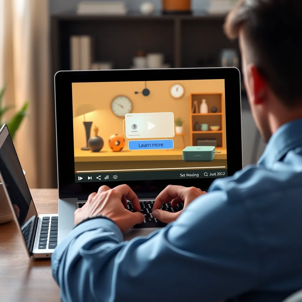 A person watching a video animation on a laptop, with a clear call to action button on the screen. The animation depicts a product being used in a creative and relatable way, highlighting its benefits and encouraging the viewer to learn more.