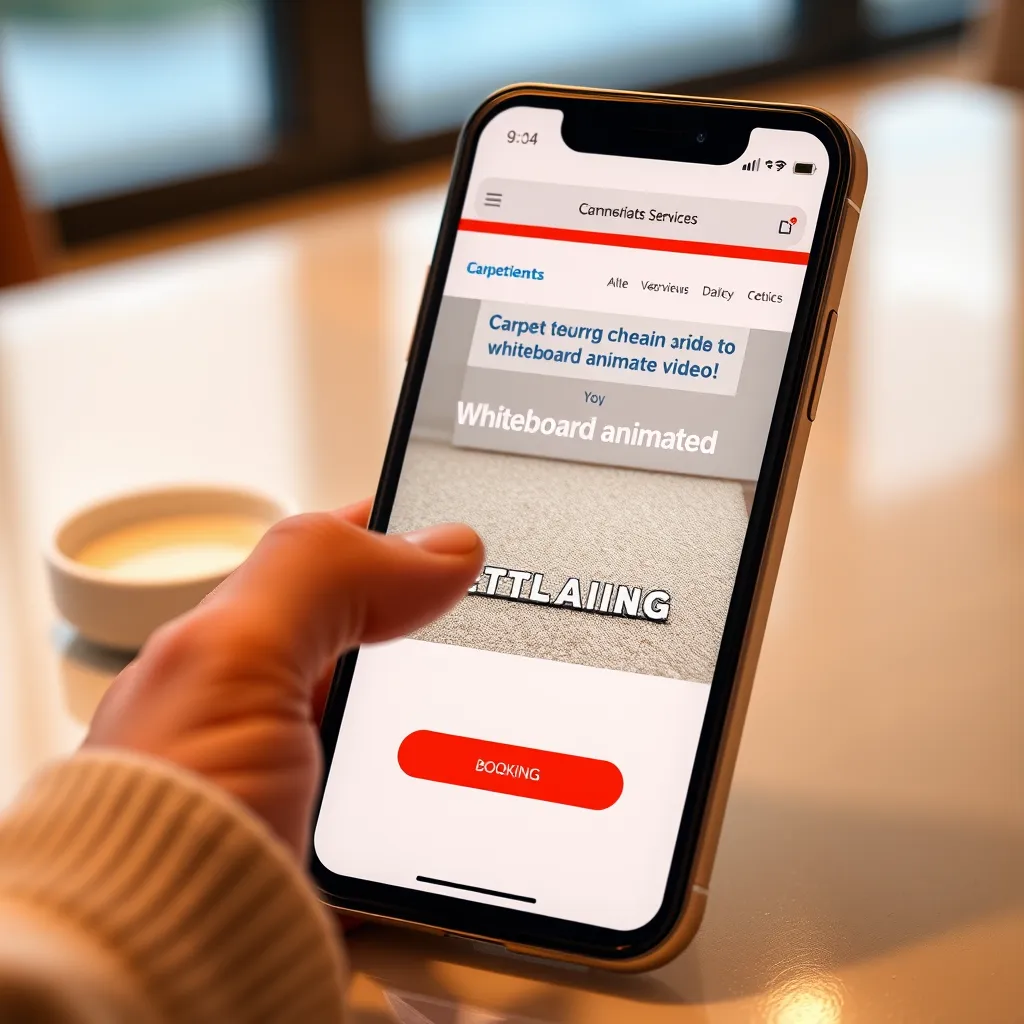 A phone screen displaying a website page for a carpet cleaning service. The website prominently features a whiteboard animated video that demonstrates the benefits of using the service. The phone is resting on a table with a hand hovering over the booking button.