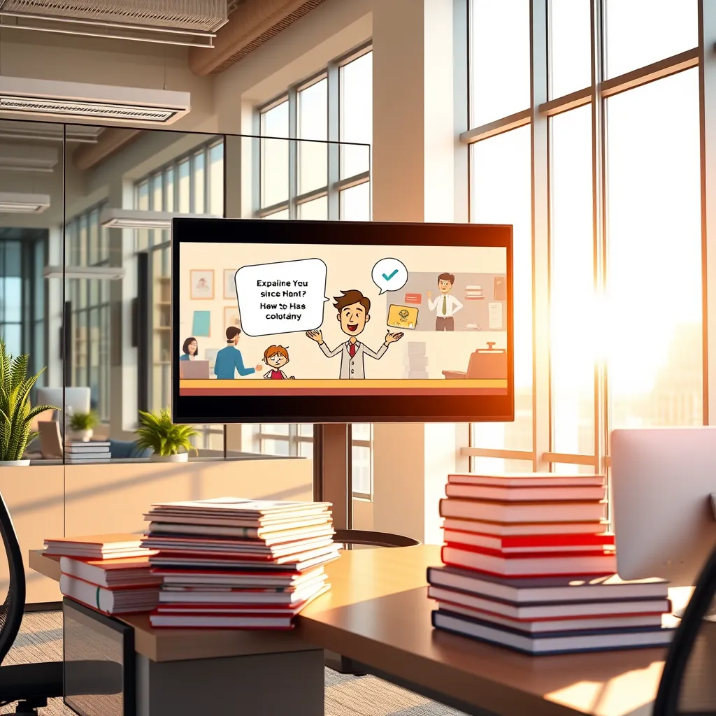 A photorealistic, 8K resolution image of a modern office with a large monitor displaying an animated explainer video. The video features a vibrant, stylized character explaining a complex concept with simple, clear visuals. The office is bathed in soft, natural light streaming in from large windows, casting a warm glow on the scene. The monitor reflects the surrounding office space, creating a sense of depth and realism. There are stacks of colorful books and folders scattered on a nearby desk, creating a sense of dynamism and energy. The image is composed in a dynamic, engaging style, with a focus on the animated video playing on the monitor. The color palette is bright and cheerful, with pops of color strategically placed to draw the viewer's attention to key points. The overall mood is optimistic and informative, reflecting the nature of explainer videos.