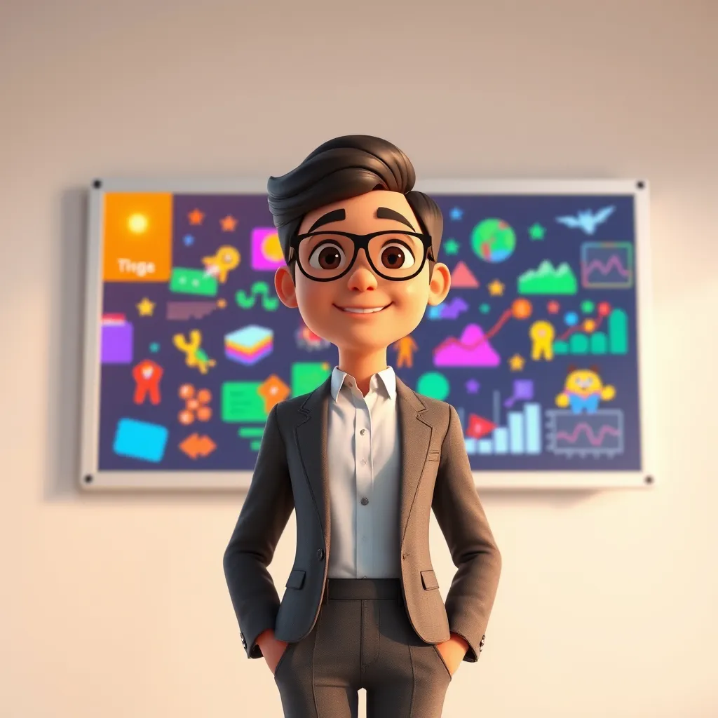 A photorealistic, ultra-high quality image of a virtual presenter standing in front of a whiteboard with colorful, dynamic animations playing on the screen behind them. The presenter is dressed in a professional, modern outfit and is animated with lifelike movement and facial expressions. The lighting is soft and diffused, creating a warm and inviting atmosphere. The image should be in the style of a contemporary animated explainer video, with clean lines, bright colors, and dynamic visuals. The background should be a soft, neutral color that complements the vibrant animations. The image should be in 8K resolution and hyperrealistic, with a focus on capturing the subtle details of the presenter's animation and the vibrant colors of the animations on the screen behind them.