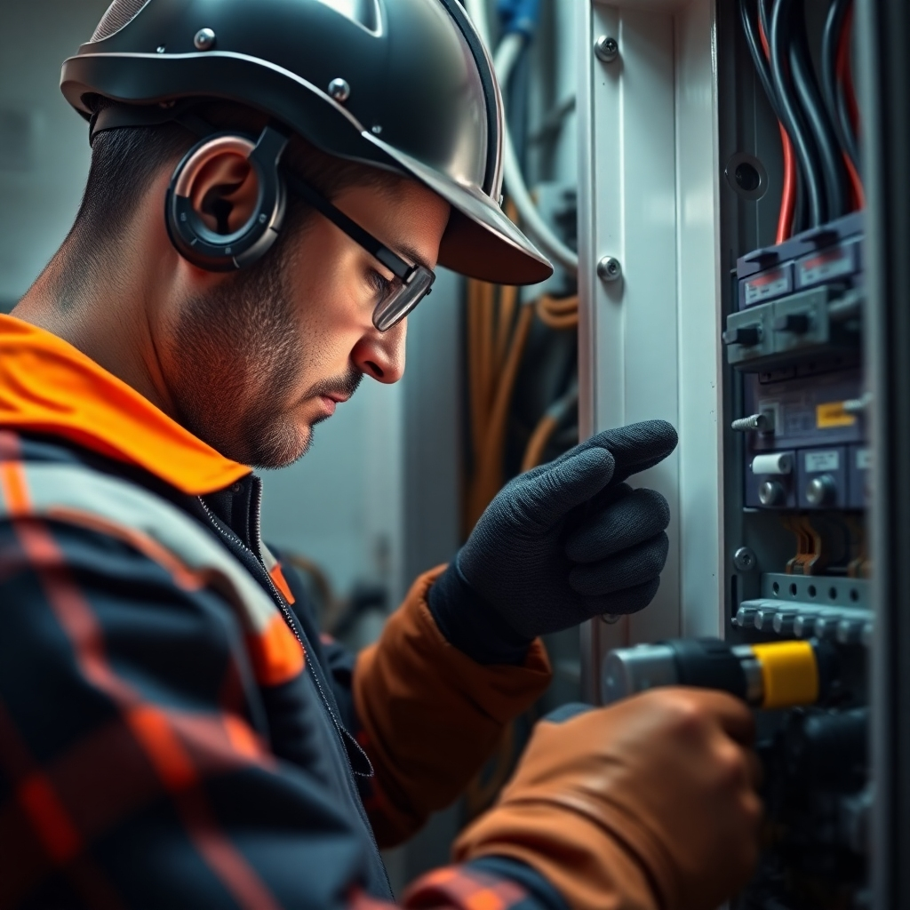 A photorealistic close-up shot showcasing the meticulous and precise work of an electrician, highlighting the safety features and high-quality materials used in a recently installed electrical panel.  The image should be brightly lit and emphasize precision and detail.