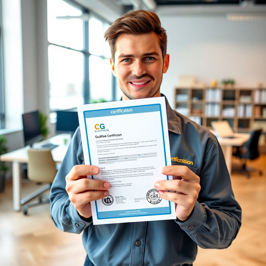 A photorealistic image, 8K resolution, shot in a well-lit office environment with soft natural light filtering through a window. A qualified electrician, wearing a C G Electrical branded uniform and holding a digital certification document, looks directly at the camera with a friendly but professional expression. The color palette is calming and professional with a neutral background. The camera angle is eye-level and close-up, focusing on the electrician and certificate. The electrician's hands should subtly highlight the official certification stamp on the document. The textures include the smooth paper of the certificate and the subtle texture of the electrician's uniform. The background should include a subtly blurred office setting with professionally organized workspaces, suggesting competence and reliability.  The overall mood should project professionalism, trustworthiness, and compliance with safety standards.  Style reference:  Portrait photography emphasizing professionalism, similar to a corporate headshot.  The image must convey a feeling of assured safety and professionalism.  Details should be very sharp, capturing the fine text of the certificate and the subtle creases in the electrician’s uniform.