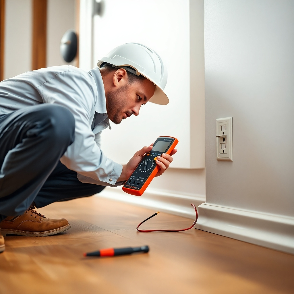A photorealistic image, 8K resolution, hyperrealistic detail, depicting a qualified electrician in a modern home setting, soft diffused lighting.  The electrician is crouched down, using a sophisticated multimeter to carefully test a faulty electrical outlet.  The color palette should be warm and inviting, with natural wood tones and soft whites. The focus should be sharp on the electrician's hands and the multimeter, with a shallow depth of field blurring the background slightly.  Camera angle is from a slightly elevated position, looking down at the electrician.  The scene should include elements suggesting a clean and organized workspace.  The electrician wears a clean, branded C G Electrical uniform. The outlet is set within a pristine white wall.  Textures include the smooth plastic of the multimeter, the rough texture of the plaster wall, and the polished surface of the wooden floor. The overall mood is one of professional competence and reassurance. Style reference:  Photography of National Geographic showcasing meticulous work. Include subtle reflections on the multimeter screen. Environmental elements should create a sense of a comfortable, well-maintained home.  
