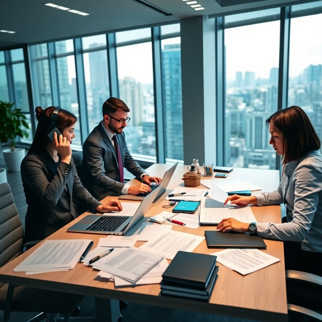 A photorealistic image of a busy accounting office where several accountants are actively collaborating over a large table filled with documents and laptops. The office is well-lit, with large windows showing urban scenery. One accountant is on the phone, another is typing on a laptop, and a third is analyzing a document. The color scheme is professional with shades of blue and gray, conveying efficiency and teamwork. The image captures the hustle of a dedicated accounting team, symbolizing effective business accounting services.