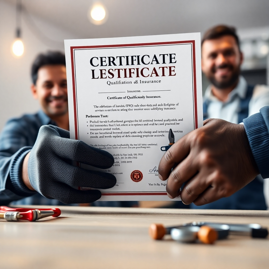 A photorealistic image of a certificate of qualification and insurance displayed prominently, with a close-up shot of the electrician's hands showing their skilled use of tools while working. Background should subtly show a satisfied customer, highlighting trust and reassurance. The overall mood should be one of professional confidence and trustworthiness.
