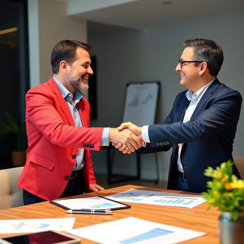 A photorealistic image of a client and accountant sharing a friendly handshake after a successful meeting, with paperwork and charts on the table. The environment is professional, yet warm, highlighting the relationship-building aspect of services. Balanced lighting creates an inviting atmosphere, with colors representing warmth and trust. The professionalism of the setting reflects the client-centric philosophy. Capturing this moment symbolizes collaboration and partnership.