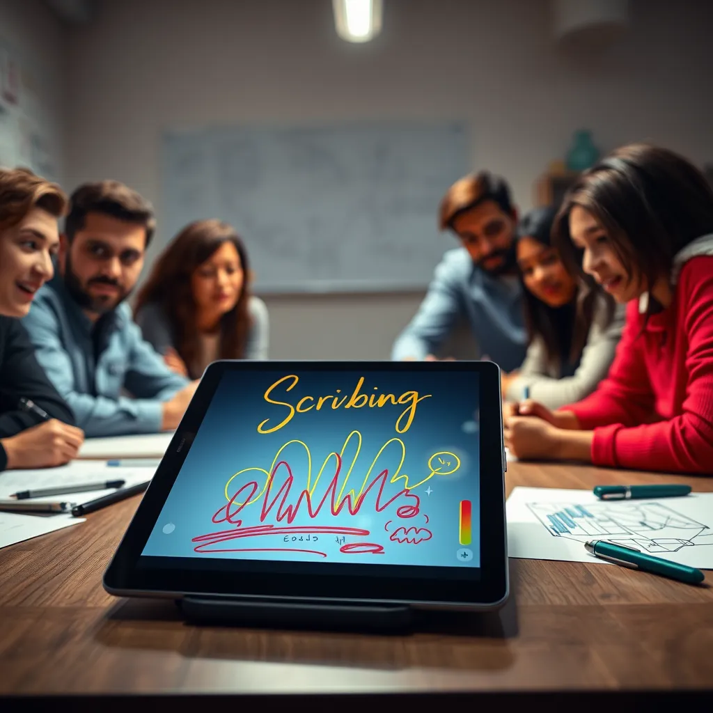 A photorealistic image of a creative workspace featuring a digital tablet displaying a vibrant video scribing animation. In the background, a diverse group of people watches intently, with notes and sketches around them, reflecting a dynamic and engaging brainstorming session.