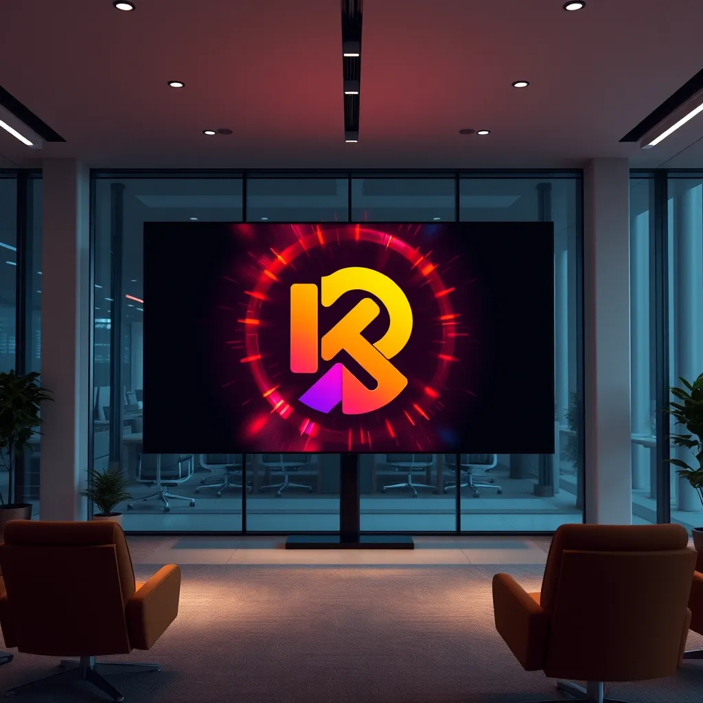 A photorealistic image of a dynamic and engaging video animation showcasing a company's logo and brand colors, playing on a large screen in a modern, sleek office space. The animation should highlight the company's unique brand identity and showcase its values and mission.