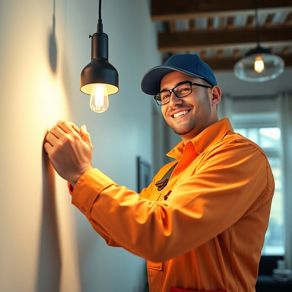 A photorealistic image of a friendly electrician in a clean uniform, smiling while skillfully working on a modern light fixture installation in a stylish, well-lit home. The image should highlight both the professional and the home environment.
