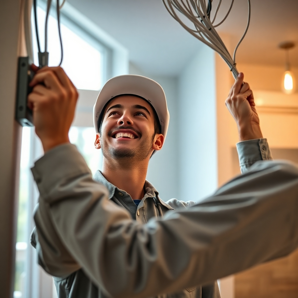 A photorealistic image of a friendly electrician in a clean uniform, smiling while inspecting electrical wiring inside a modern, brightly lit home. High-definition, sharp focus, natural lighting, and a professional, reassuring aesthetic.