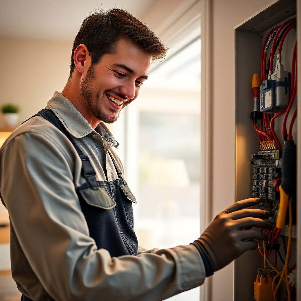 A photorealistic image of a friendly, qualified electrician in a modern Folkestone home, smiling and working safely on an electrical panel, with tools neatly organized, showing professionalism and attention to detail. The home interior should be bright and clean, with warm lighting and subtle natural light. Focus should be on the electrician's expertise and the safety of the operation.