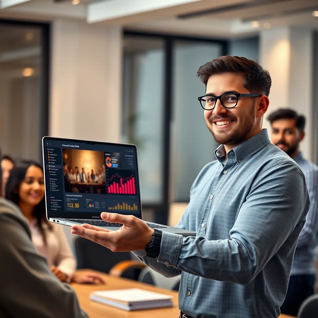 A photorealistic image of a marketing specialist, mid-30s, with a professional yet friendly expression, confidently presenting a laptop screen to a group of colleagues. The laptop screen displays data analytics and metrics related to an explainer video, highlighting its performance and audience engagement. The office environment is modern and well-lit, with a warm, inviting atmosphere. The group of colleagues is diverse and attentive, demonstrating their interest in the specialist's insights. The lighting is soft and diffused, creating a comfortable and focused environment. The camera angle is slightly elevated, creating a sense of intimacy and involvement. The image should capture the energy and enthusiasm of the specialist and the collaborative atmosphere of the office environment. The overall mood should be positive and encouraging, reflecting the effectiveness and value of Anthony Animates' video optimization services.