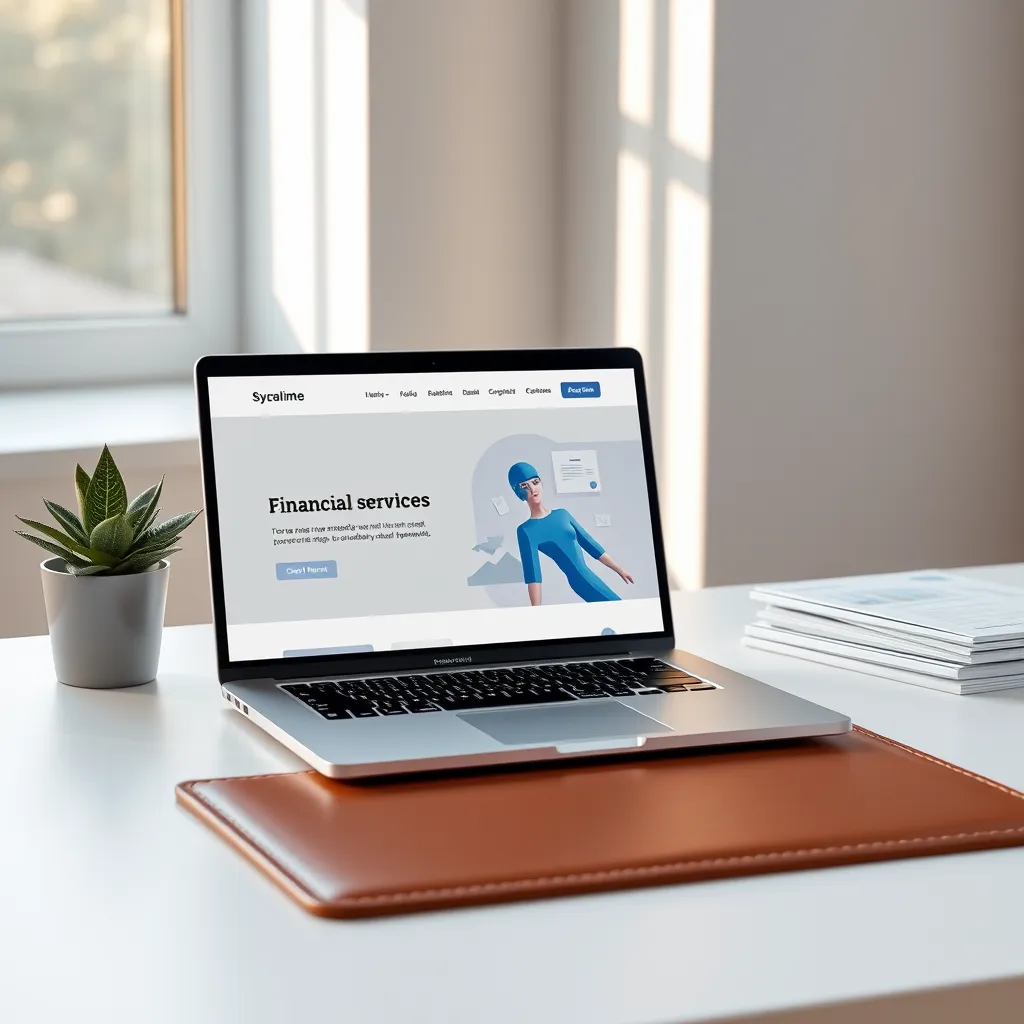 A photorealistic image of a modern accountant's website on a sleek laptop screen, sitting on a minimalist desk with a potted plant and a stack of financial reports. The website design is clean, professional, and incorporates a muted color palette of grey, white, and blue. The laptop is open to a page featuring a clear call to action button and a compelling headline about financial services. Soft, natural light streams in from a nearby window, creating a warm and inviting atmosphere. Render in 8K resolution with hyperrealistic detail, capturing the texture of the leather desk pad and the smooth lines of the laptop.