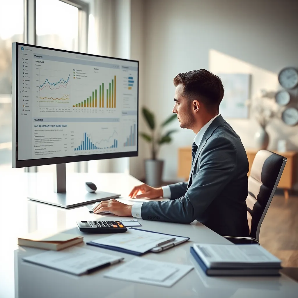 A photorealistic image of a professional accountant sitting at a clean, modern desk, reviewing financial documents on a large monitor. The scene is bathed in soft, natural light streaming through a window. The accountant is wearing a crisp suit and is focused on the task at hand. The monitor displays a detailed financial spreadsheet with various charts and graphs. The desktop is organized with a calculator, a pen, and a stack of neatly organized documents. The background is a blurred office setting with minimalist decorations. The image should convey professionalism, accuracy, and attention to detail. Render this image in 8K resolution with hyperrealistic detail, focusing on the texture of the paper documents, the sleekness of the monitor, and the subtle reflections on the desk surface. Capture a sense of quiet focus and precision in the accountant's posture and the overall composition of the scene.