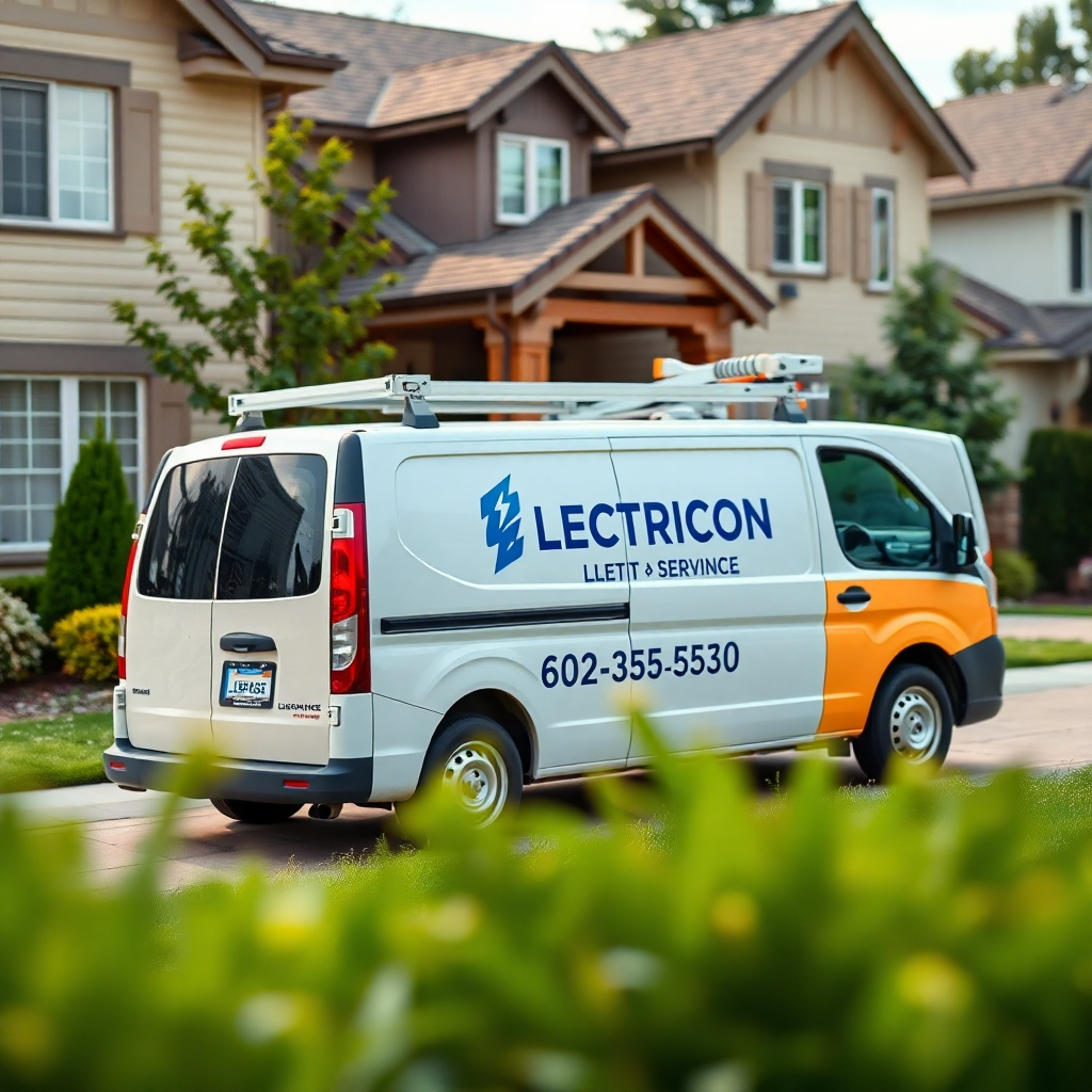 A photorealistic image of a professional electrician's van, clearly displaying the company logo and contact information, parked in front of a well-maintained residential area. The image should portray trustworthiness and reliability. High resolution, sharp focus, and natural lighting.