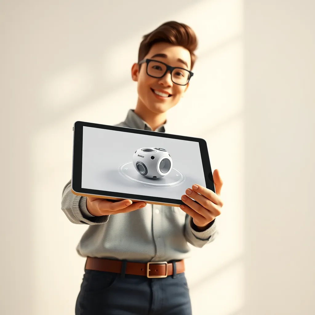 A photorealistic image of a virtual presenter holding a tablet with a 3D model of a product rotating on the screen. The presenter is dressed in casual, professional attire and is animated with lifelike movements and facial expressions. The scene is lit with soft, natural light that creates a warm and inviting atmosphere. The background is a simple, clean white wall. The image should be rendered in 8K resolution and hyperrealistic, capturing the intricate details of the product model, the textures of the presenter's clothing, and the reflection of light on the tablet screen. The composition should be dynamic, with the presenter's animated movements and the rotating product model drawing the viewer's eye.