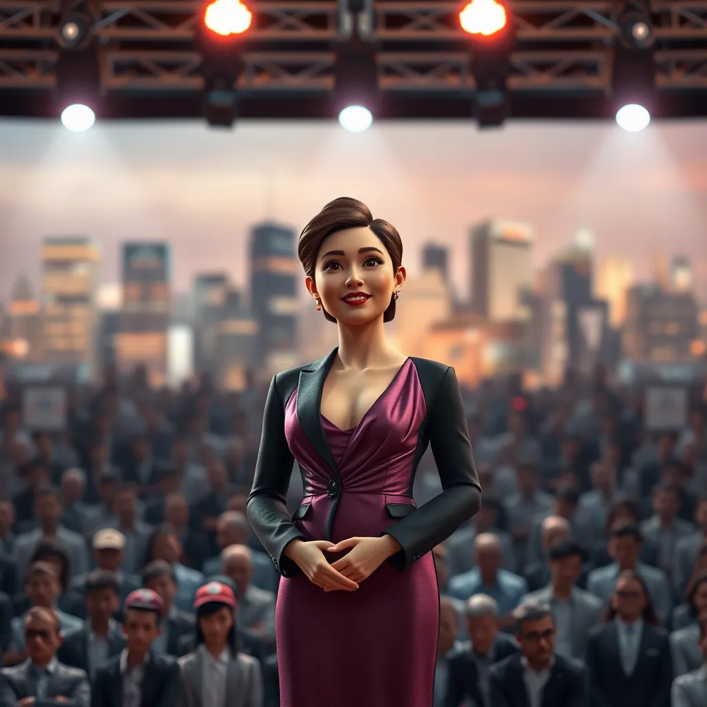 A photorealistic image of a virtual presenter standing in front of a virtual stage with a crowd of avatars in the background. The presenter is dressed in a sophisticated evening gown or suit and is animated with lifelike movements and facial expressions. The stage is lit with dramatic spotlights and the background is a blurry, abstract representation of a cityscape. The image should be in the style of a high-end event, with a focus on elegance, sophistication, and high production value. The lighting should be dramatic and cinematic, highlighting the presenter and creating a sense of depth and dimension. The image should be in 8K resolution and hyperrealistic, capturing the intricate details of the presenter's clothing, the subtle nuances of their facial expressions, and the bustling energy of the virtual crowd.