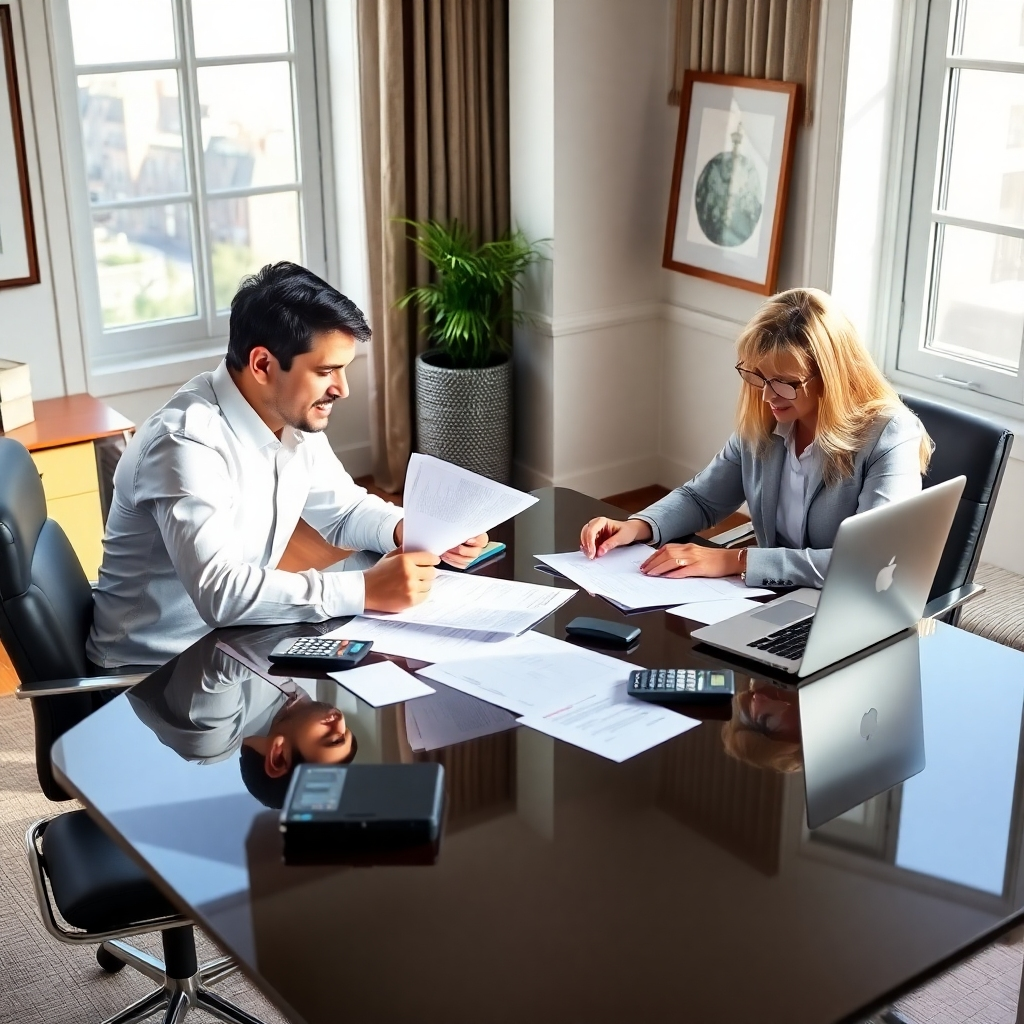 A photorealistic image of an accountant reviewing tax documents with a client at a stylish desk. The room is well-lit with natural sunlight, creating a welcoming atmosphere. The accountant is discussing figures while the client takes notes. Papers, a laptop, and calculators are scattered on the desk, emphasizing the tax preparation process. This imagery symbolizes thoroughness and attention to detail in tax services.