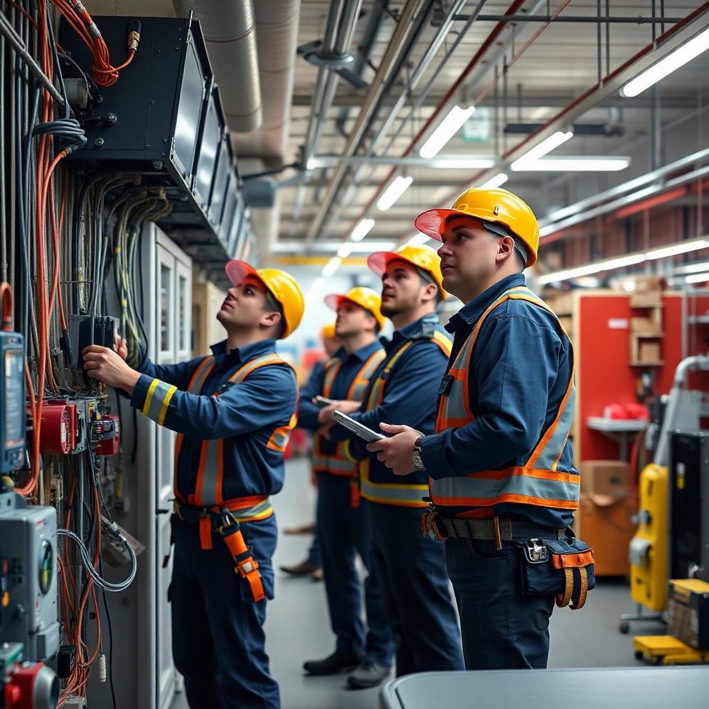 A photorealistic image showcasing a team of professional electricians working efficiently in a modern, busy commercial setting in Folkestone, installing new electrical equipment. The image should emphasize safety measures and precise work, with advanced tools and technology present.  The environment should have a professional feel, conveying reliability and expertise.