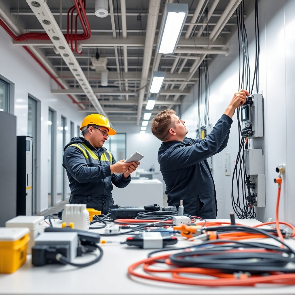 A photorealistic image showcasing a team of electricians working efficiently in a modern office setting, installing new electrical components.  The scene should be clean, well-lit, and depict advanced technology.  High resolution, sharp focus, and professional lighting.