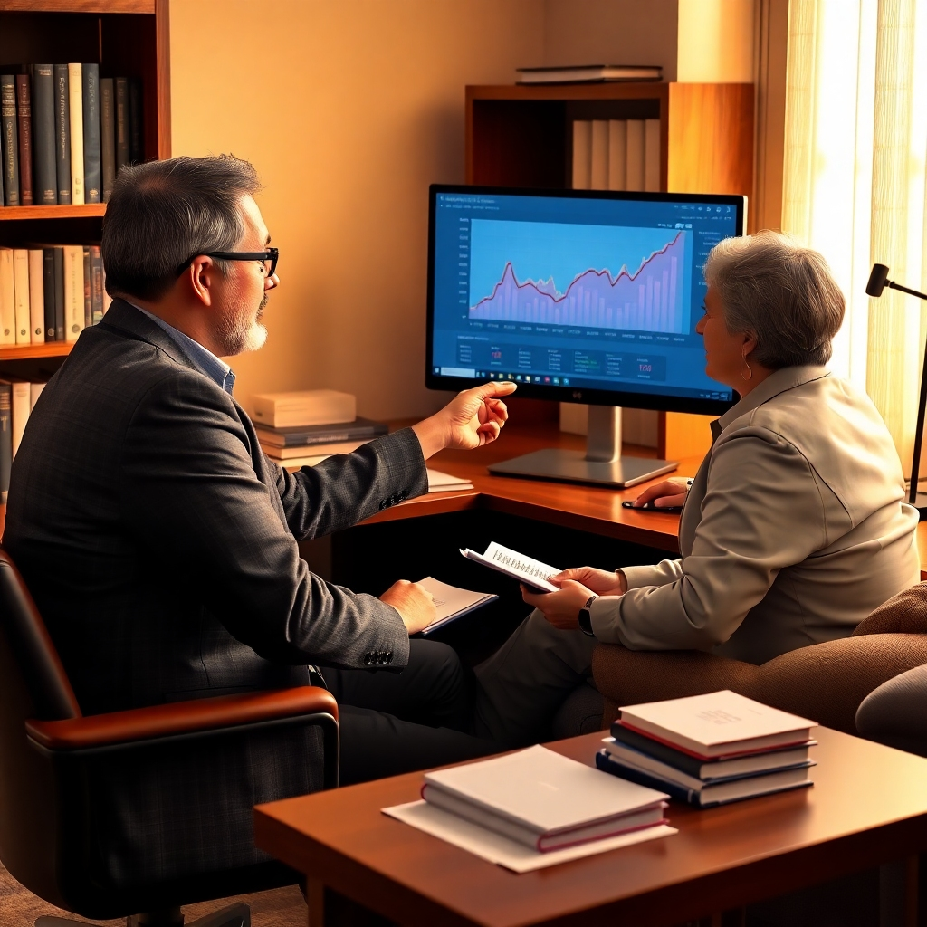 A photorealistic image showing a financial advisor in a discussion with a client in a cozy, professional office setting. The advisor is pointing at a chart displayed on a computer while the client listens attentively, taking notes. Warm lighting creates an inviting atmosphere, and the background includes financial books and documents, enhancing the financial advisory theme. The colors are inviting and professional, with natural textures like wood and fabric adding warmth. Captured in high resolution, this image embodies guidance and support in financial matters.