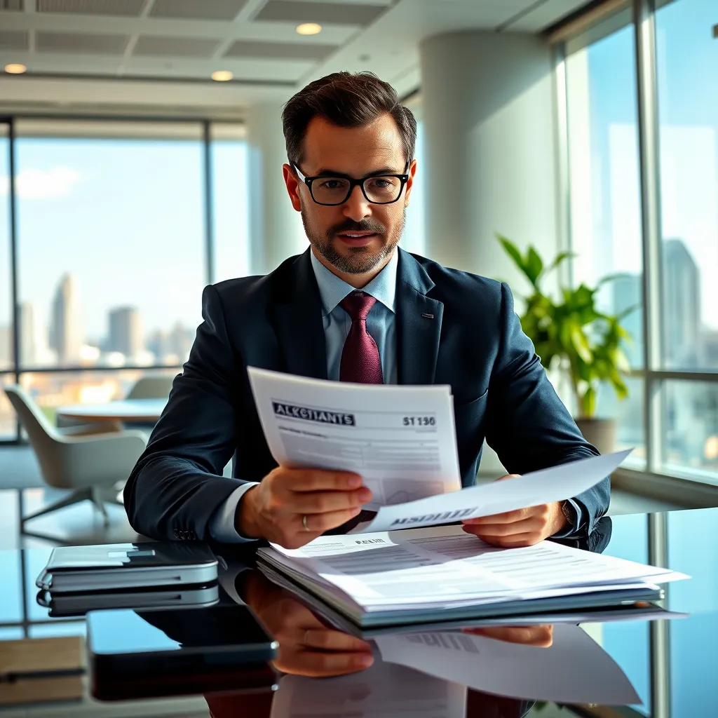 A professional accountant sitting at a desk, reviewing financial documents. They are wearing a suit and tie and have a confident expression. The background is a modern office with sleek furniture and a large window overlooking a city skyline. The image should be bright and well-lit, conveying a sense of expertise and trustworthiness.