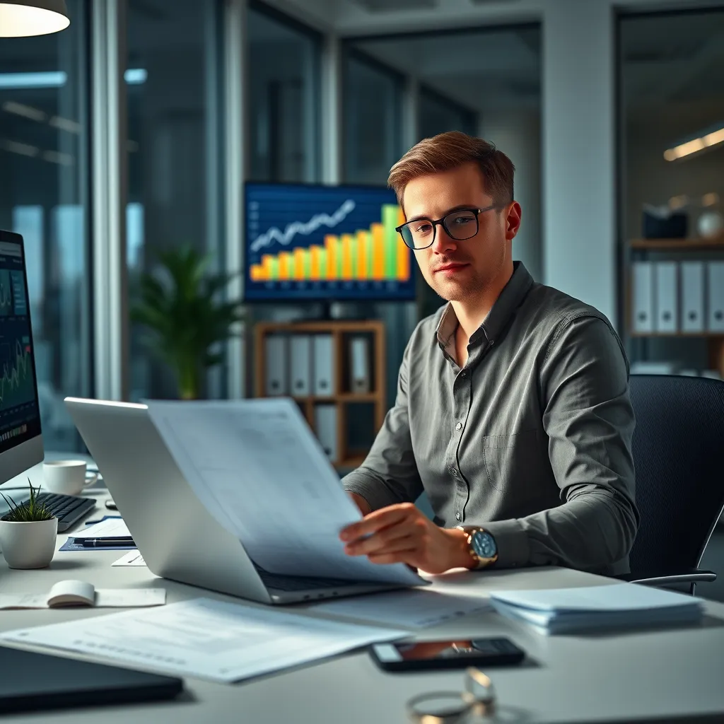 A professional bookkeeper sitting at a desk with a laptop, reviewing financial documents and spreadsheets, while a graph showing financial growth is displayed on the screen. The office is modern and well-lit, emphasizing efficiency and organization.