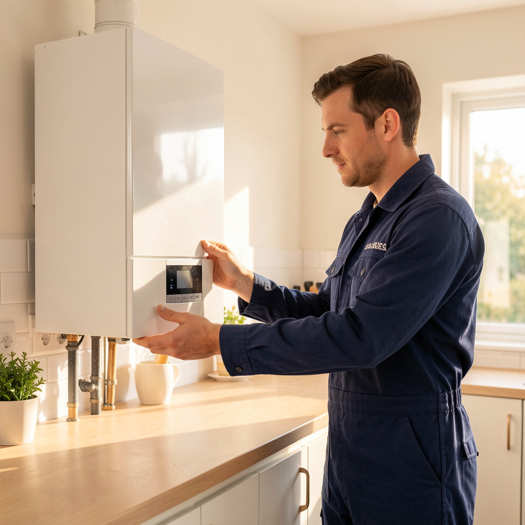 Engineer inspecting a modern domestic boiler